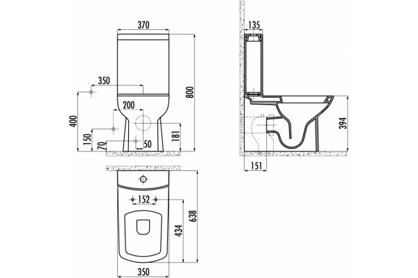Унитаз напольный Creavit Lara LR361 к стене, белая, белый, прямоугольный, 35x63.8 см