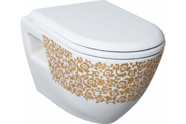 Унитаз подвесной Creavit TP325 золото, цветы, овальный, 35.5x50.2 см
