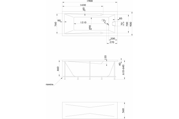 Акриловая ванна Creto Regia 190х90 см 12-19090 прямоугольная, объем 240 л.