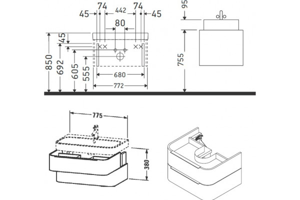 Тумба для комплекта Duravit Happy D.2 H2636502222 подвесная, белая глянцевая, с ящиками, с доводчиками