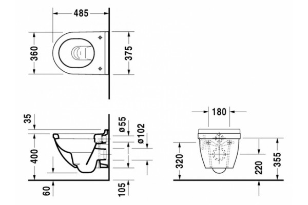 Унитаз подвесной Duravit Starck 3  белый, овальный, антивсплеск, 37.5x48.5 см