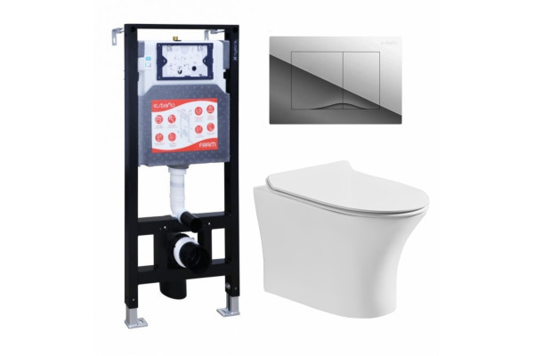Комплект 3 в 1 инсталляция ESBANO FRAM + Подвесной безободковый унитаз Cerutti Spa Bernina aria CT7191 + кнопка хром глянцевая в современном стиле