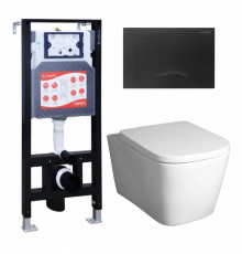 Комплект 3 в 1 инсталляция ESBANO FRAM + Унитаз подвесной BelBagno Albano BB120CHR + кнопка черная матовая в стиле hi-tech