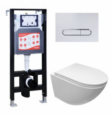 Комплект 3 в 1 инсталляция ESBANO FRAM + Подвесной безободковый унитаз Cerutti Spa Sella aria CT7183 + кнопка белая глянцевая в современном стиле