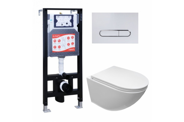 Комплект 3 в 1 инсталляция ESBANO FRAM + Подвесной безободковый унитаз Cerutti Spa Sella aria CT7183 + кнопка белая глянцевая в современном стиле