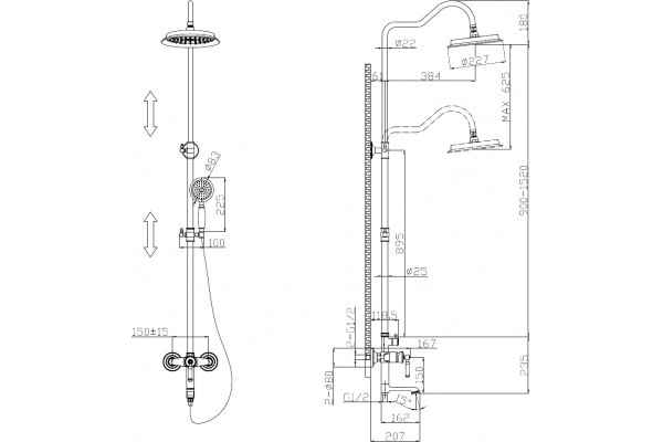 Душевая стойка ESKO ST300 Bronze штанга 193.2 см, шланг 150 см, 1 режим
