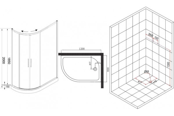 Душевой уголок Esbano ESD-8027А 120x80, R, с поддоном, четверть круга, двери раздвижные