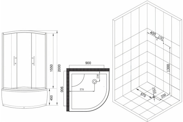 Душевой уголок Esbano ESD-8020 90x90, с поддоном, четверть круга, двери раздвижные