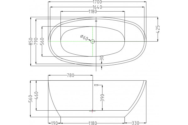 Акриловая ванна Esbano Sophia 170x85, white, прямоугольная, отдельностоящая