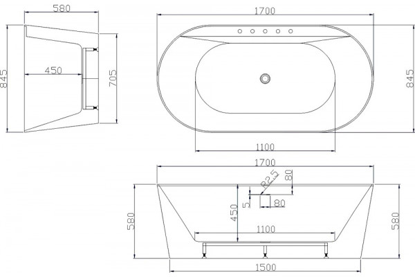 Акриловая ванна Esbano Vigo-SM 170x85 прямоугольная, отдельностоящая, объем 220 л.