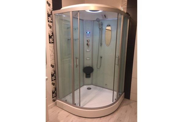 Душевая кабина Frank F602 120х120х218 профиль хром, стекло прозрачное, с баней, четверть круга, поддон низкий