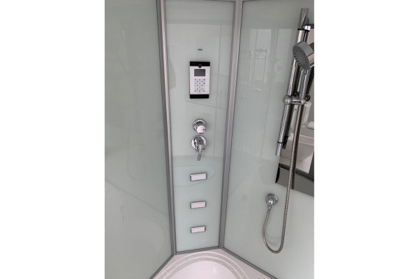 Душевая кабина Frank F652 150х150х218 профиль хром, стекло прозрачное, с баней, четверть круга, поддон глубокий