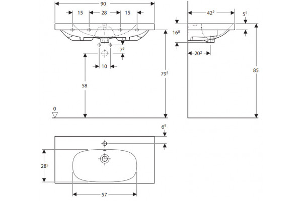 500.633.01.2 Geberit Acanto Раковина Compact, 900 x 420 мм, с отв. под смеситель, с переливом