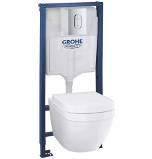 Система инсталляции Grohe Solido 4 в 1: инсталляция, подвесной унитаз Euro Ceramic, сиденье с микролифтом, панель смыва Arena Cosmo 39536000