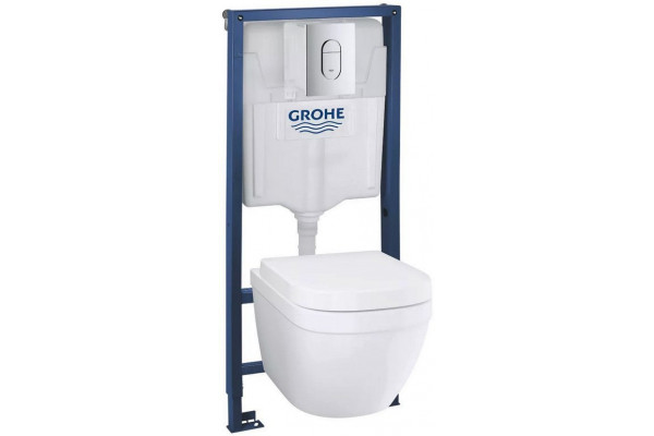 Система инсталляции Grohe Solido 4 в 1: инсталляция, подвесной унитаз Euro Ceramic, сиденье с микролифтом, панель смыва Arena Cosmo 39536000