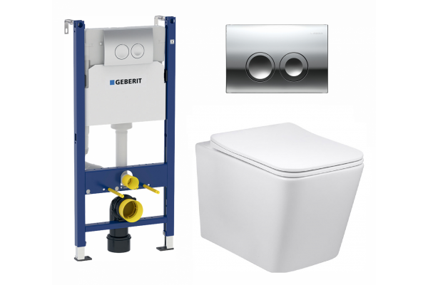 Комплект 3 в 1 инсталляция Geberit Duofix + Подвесной унитаз Vincea Q-Line + кнопка хром Delta21 в современном стиле