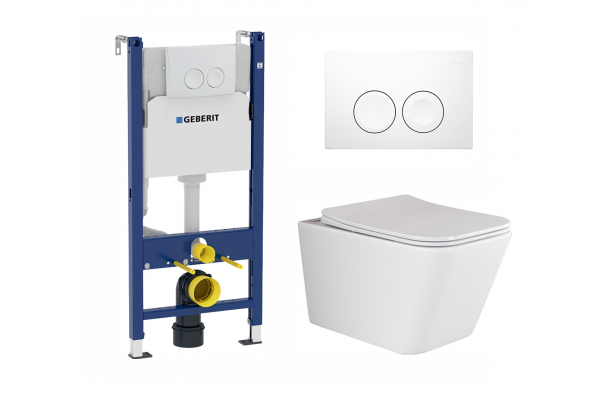 Комплект 3 в 1 инсталляция Geberit Duofix Delta + Подвесной унитаз Ceramica Nova Metric Rimless CN3007 с кнопкой смыва в современном стиле
