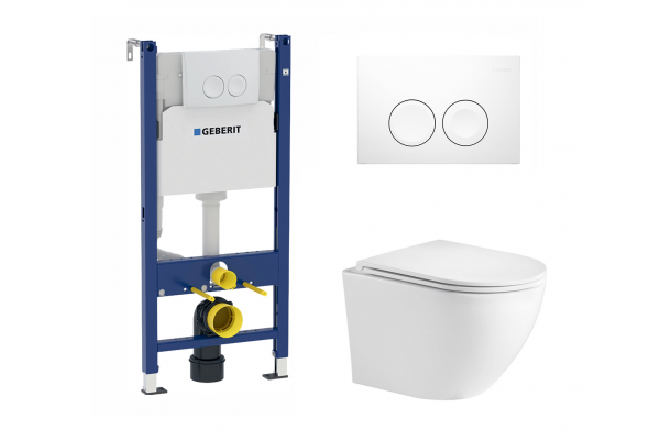 Комплект 3 в 1 инсталляция Geberit Duofix Delta + Подвесной унитаз WeltWasser Merzbach 041 GL-WT с кнопкой смыва  в современном стиле