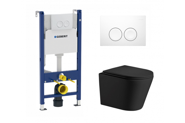 Комплект 3 в 1 инсталляция Geberit Duofix Delta + Подвесной унитаз WeltWasser Salzbach 004 MT-BL с кнопкой смыва в современном стиле