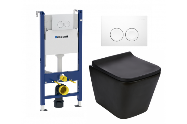 Комплект 3 в 1 инсталляция Geberit Duofix Delta + Подвесной унитаз WeltWasser Gelbach 004 MT-BL с кнопкой смыва в современном стиле