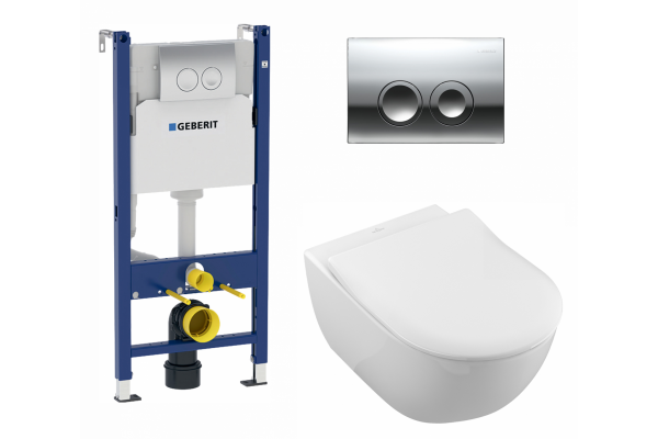 Комплект 3 в 1 инсталляция Geberit Duofix Delta + Унитаз подвесной Villeroy & Boch Subway 2.0 5614R201 + кнопка хром в современном стиле