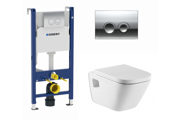Комплект 3 в 1 инсталляция Geberit Duofix Delta + Унитаз подвесной Roca Gap + кнопка хром в современном стиле