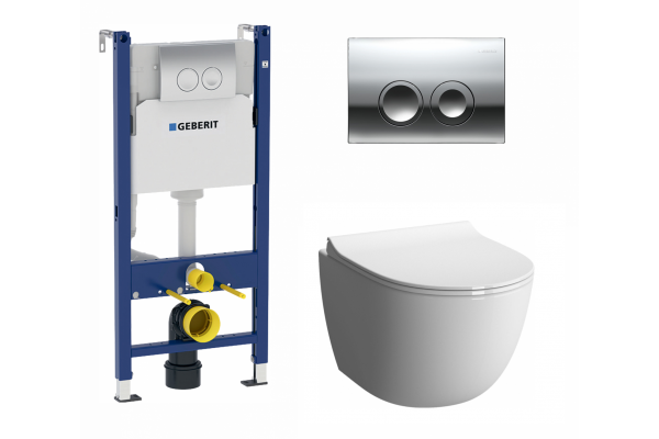 Комплект 3 в 1 инсталляция Geberit Duofix Delta + Унитаз подвесной VitrA Sento 7748В003-0075 + кнопка хром в современном стиле