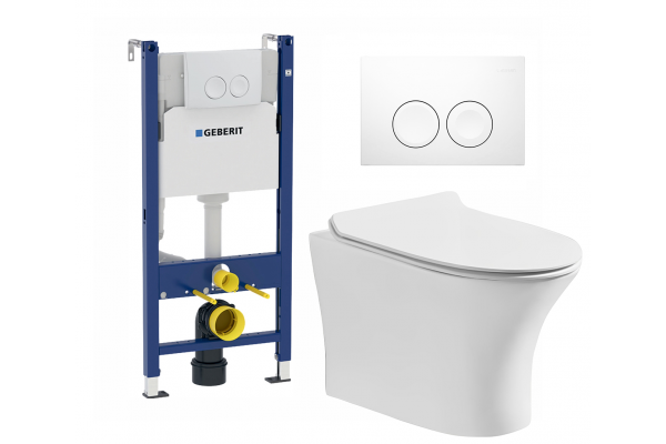 Комплект 3 в 1 инсталляция Geberit Duofix Delta + Подвесной безободковый унитаз Cerutti Spa Bernina aria CT7191 + кнопка белая в современном стиле