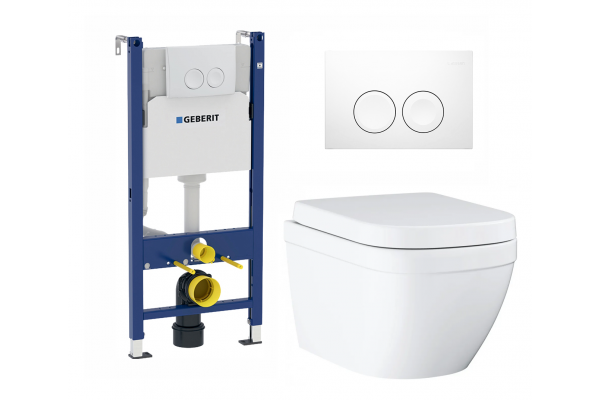 Комплект 3 в 1 инсталляция Geberit Duofix Delta + Унитаз подвесной Grohe Euro Ceramic 39206000 + кнопка белая в современном стиле