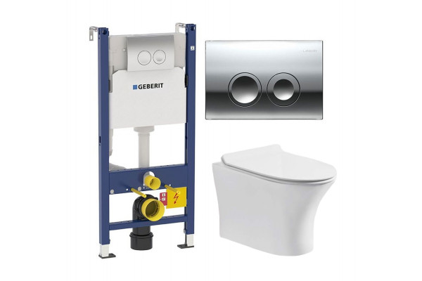 Комплект 3 в 1 инсталляция Geberit Duofix Delta + Подвесной безободковый унитаз Cerutti Spa Bernina aria CT7191 + кнопка хром в современном стиле