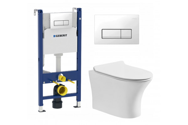 Комплект 3 в 1 инсталляция Geberit Duofix + Подвесной безободковый унитаз Cerutti Spa Bernina aria CT7191 + кнопка белая в современном стиле
