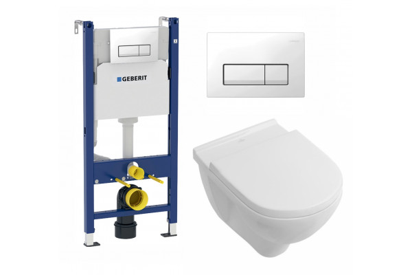 Комплект 3 в 1 инсталляция Geberit Duofix + Унитаз подвесной Villeroy & Boch O Novo Directflush + кнопка белая в современном стиле