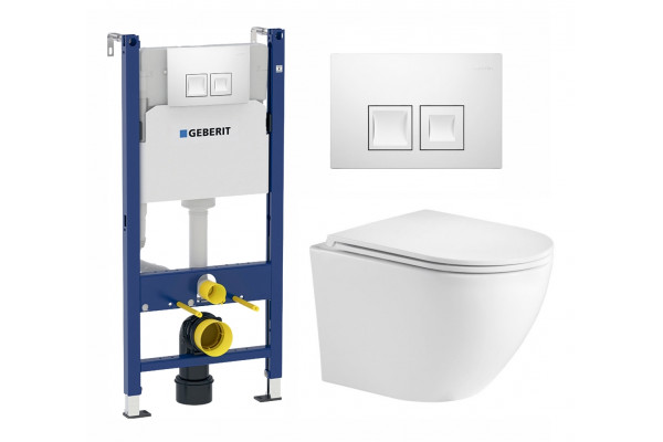 Комплект 3 в 1 инсталляция Geberit Duofix + Подвесной унитаз WeltWasser Merzbach 041 GL-WT + кнопка белая в современном стиле