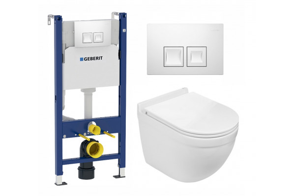 Комплект 3 в 1 инсталляция Geberit Duofix + Подвесной унитаз WeltWasser Heimbach 004 GL-WT + кнопка белая в современном стиле