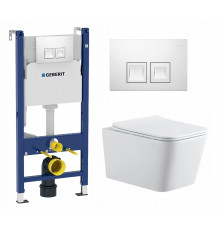 Комплект 3 в 1 инсталляция Geberit Duofix + Подвесной унитаз SinteSi BALTI + кнопка белая в современном стиле