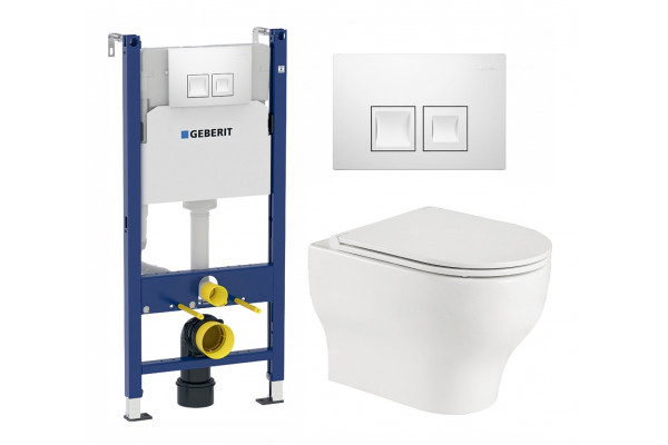 Комплект 3 в 1 инсталляция Geberit Duofix + Подвесной унитаз WeltWasser Erlenbach 004 GL-WT + кнопка белая в современном стиле