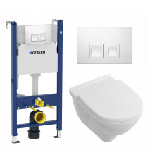Комплект 3 в 1 инсталляция Geberit Duofix + Унитаз подвесной Villeroy & Boch O Novo Directflush + кнопка белая в современном стиле