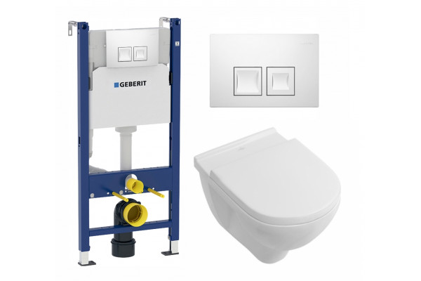 Комплект 3 в 1 инсталляция Geberit Duofix + Унитаз подвесной Villeroy & Boch O Novo Directflush + кнопка белая в современном стиле