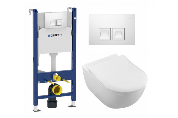 Комплект 3 в 1 инсталляция Geberit Duofix + Унитаз подвесной Villeroy & Boch Subway 2.0 5614R201 + кнопка белая в современном стиле