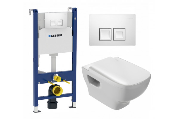 Комплект 3 в 1 инсталляция Geberit Duofix + Унитаз подвесной Jacob Delafon Struktura EDE102-00 + кнопка белая в современном стиле