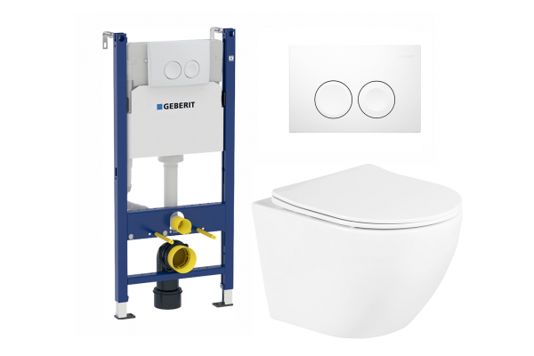 Комплект 3 в 1 инсталляция Geberit Duofix Delta + Подвесной унитаз BelBagno Uno с белой кнопкой в современном стиле