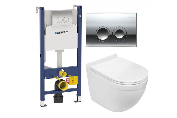 Комплект 3 в 1 инсталляция Geberit Duofix Delta + Подвесной унитаз WeltWasser Heimbach 004 GL-WT + кнопка хром в современном стиле