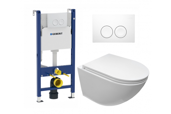 Комплект 3 в 1 инсталляция Geberit Duofix Delta + Подвесной унитаз Cerutti Spa Sella aria CT7183 с кнопкой белой круглой в современном стиле