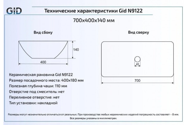 Накладная раковина Gid N9122 71х40 белая прямоугольная, цвет белый