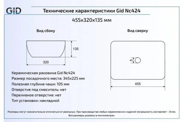 Накладная раковина Gid Nc424 45.5х32 золото прямоугольная,  в современном стиле