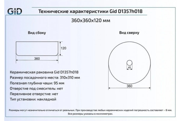 Накладная раковина Gid D1357h018 36х36 белая с золотом, круглая,  в современном стиле