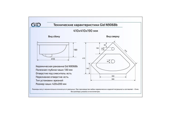 Встраиваемая сверху раковина Gid N9068b 41х41 белая угловая, цвет белый