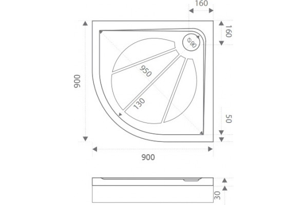 Поддон для душа Good Door Эклипс 90x90 с ножками и поддоном, четверть круга, средний