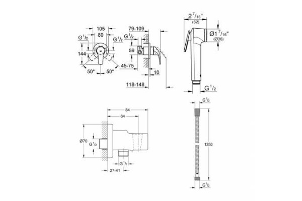 Гигиенический душ Grohe BauCurve комплект хром, шланг металлический 125 см