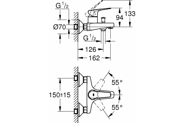 Смеситель Grohe BauFlow 23601000 для ванны с душем, однорычажный, хром